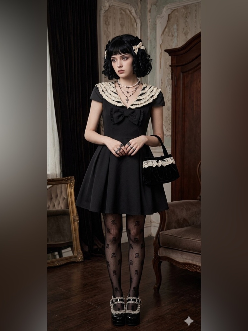 Black Mini Dress/Romper with Cream Lace Collar